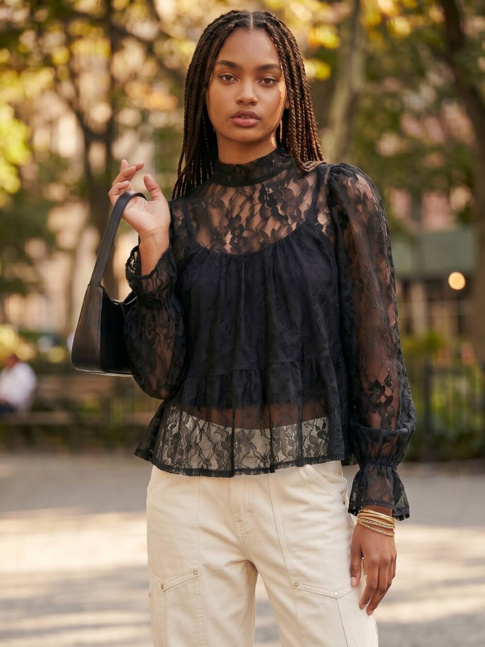 ✨ AQUA Black Lace Mock Neck Long Sleeve Top – Women’s Size M ✨